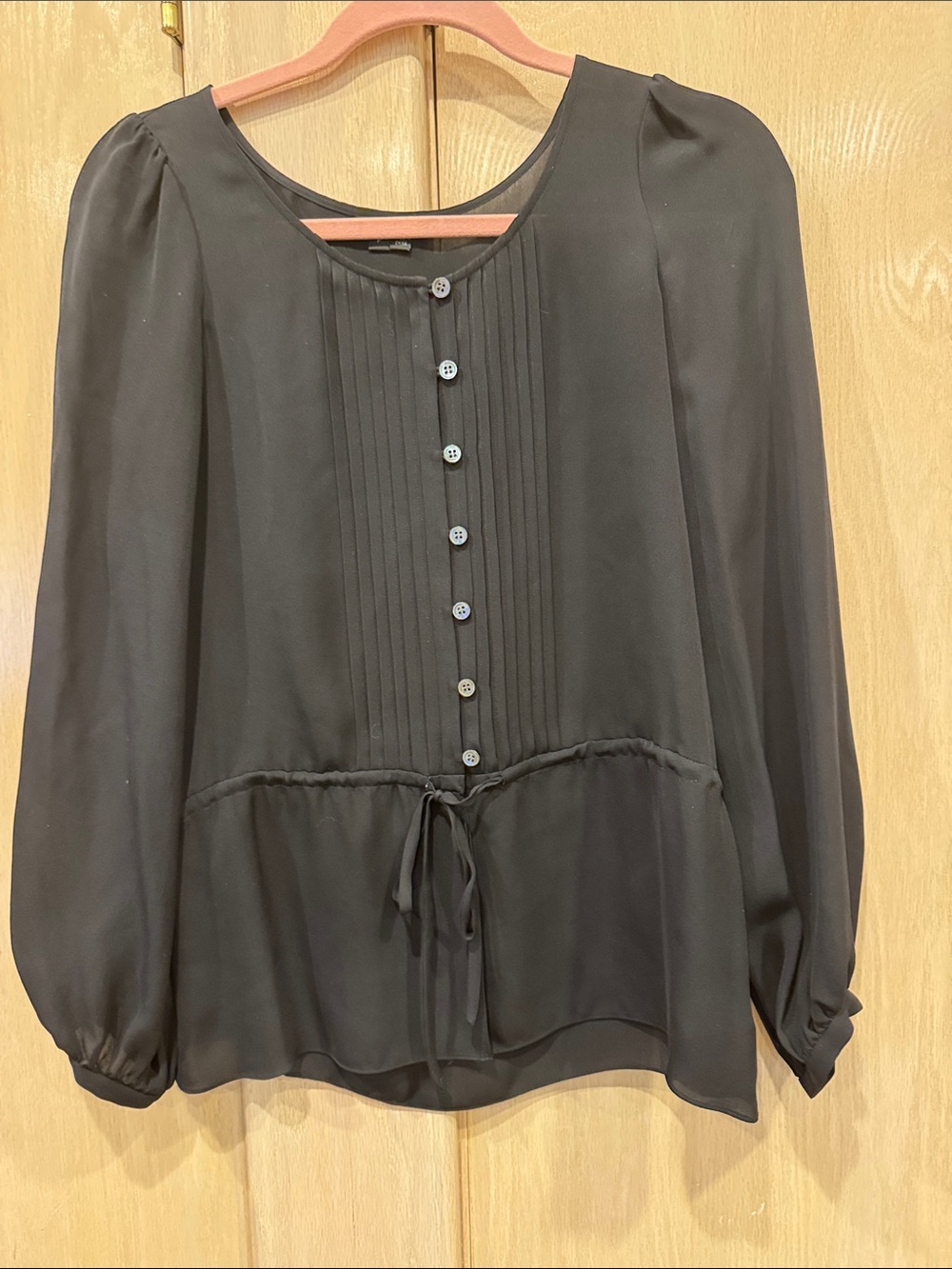 Theory Black Pintuck Button-Front Drawstring Blouse